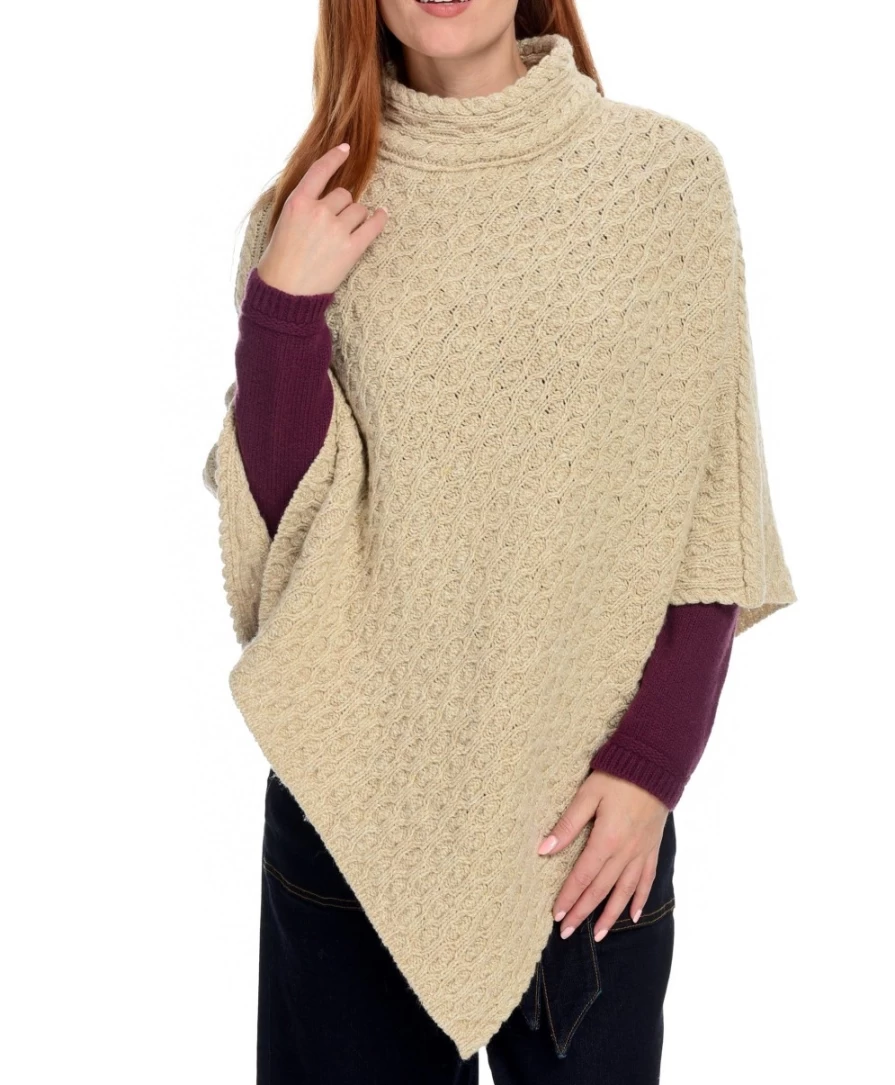 J. W. Hulme Co Women's Newport High Neck Cable Knit Poncho - Irish Aran Style Wool Cape