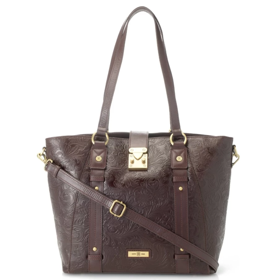 J.W. Hulme Co. Brown Leather Tote Bag with Tooled Design & Lock Closure